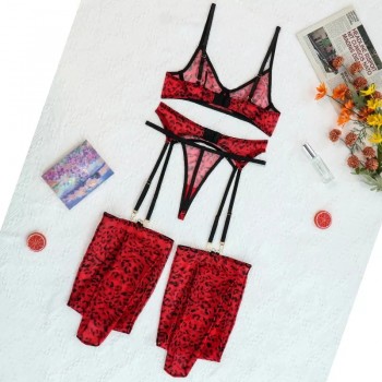 Leopard Lingerie For Women Lace Set Of Underwear With Stockings 4-Pieces Erotic Thongs Garter Red